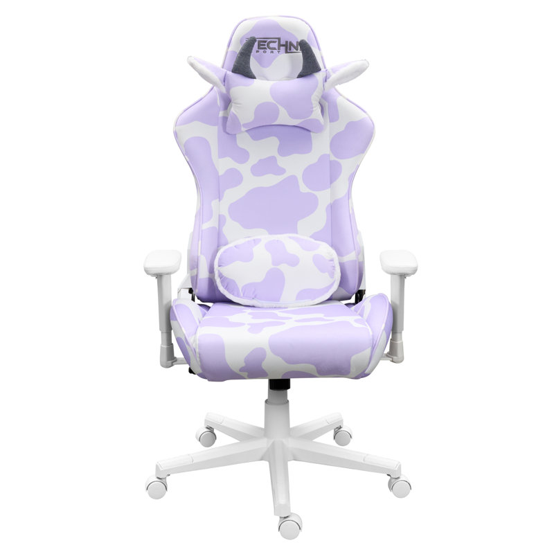 Lavender and White Velvet Ergonomic Gaming Chair with Cow Print
