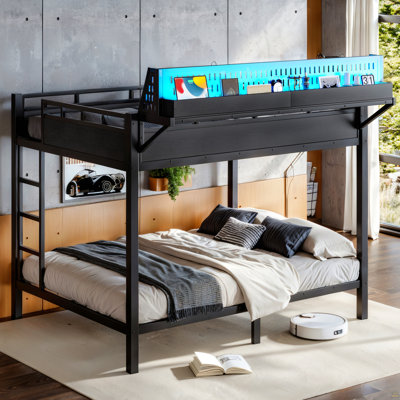 Grand lit superposé en métal avec tablettes de rangement et panneau perforé pour grand lit et grand lit, cadre de lit superposé avec ports USB et lumières DEL, peu encombrant, pour adolescents et adultes, noir
