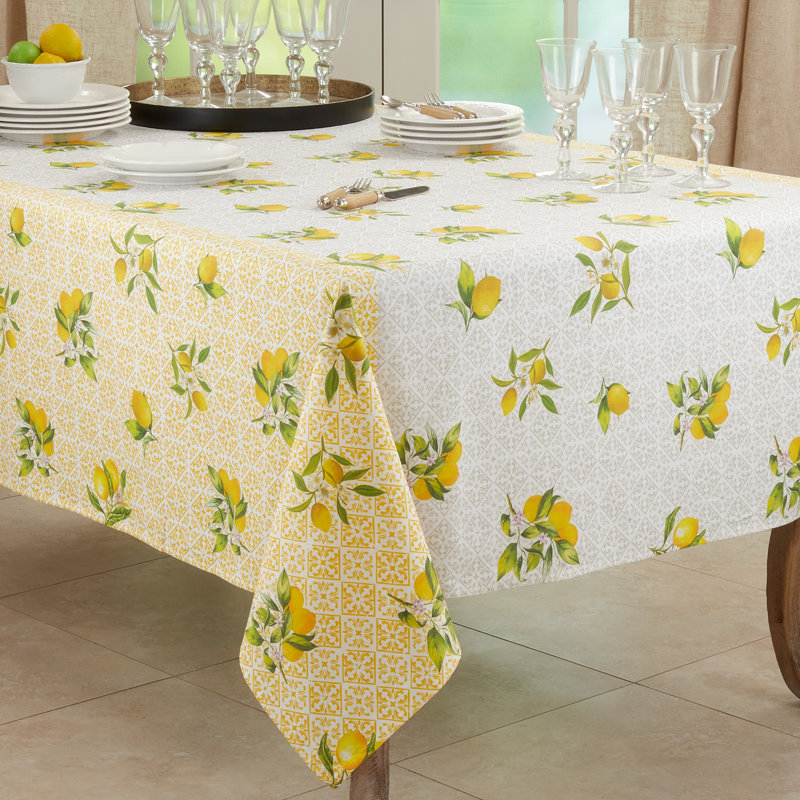 Lemon Print Yellow Cotton Square Tablecloth, 70 in