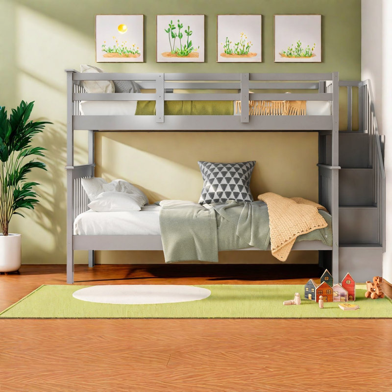 Lits superposés en bois simples au-dessus de simple, conception moderne avec rangement pour la maison