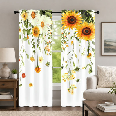 2Pcs Sunflower Printed Curtains, Vibrant Floral Pattern Curtain, Botanical Country Style Hanging Flower Art Grommet Drapes, Window Treatment for Bedroom Living Room Decor