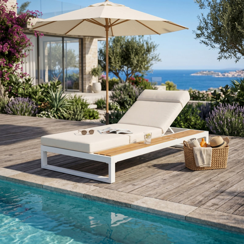 Chaise longue simple avec coussin résistant à l'eau pour le patio près de la piscine