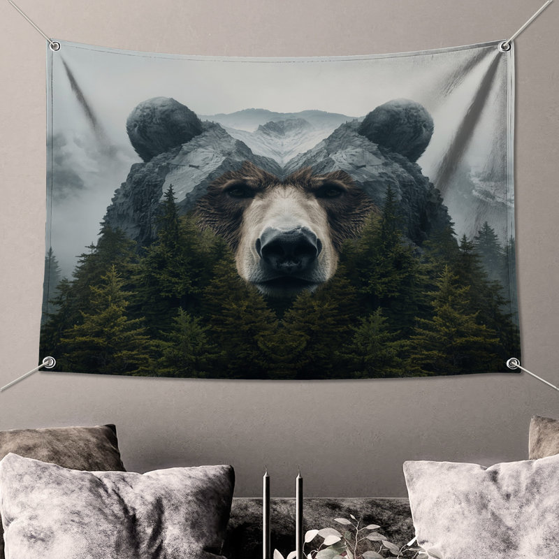 Tapisserie murale «Bear Mountain Illusion» - Décoration murale ours, 68in H x80in W with 4 Grommets