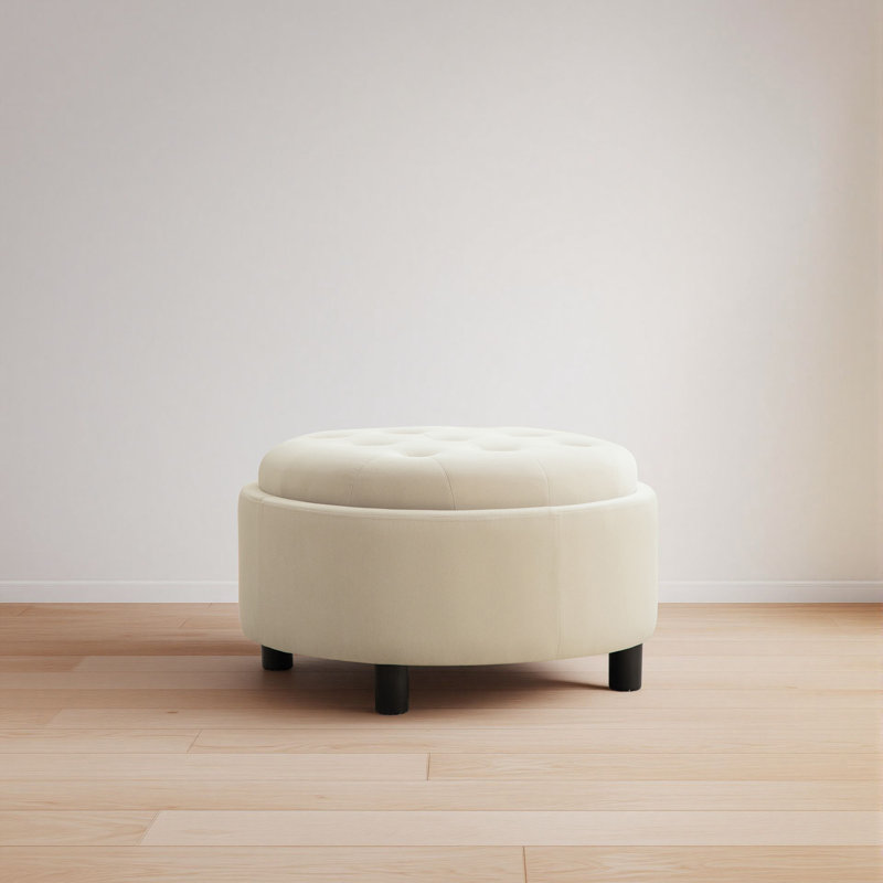 Upholstered Round Ottoman With Reversible Lid, Beige