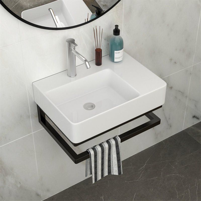 Wall-Mounted Rectangular Ceramic Sink, Bathroom Sink With Black Towel Bar And Faucet Hole