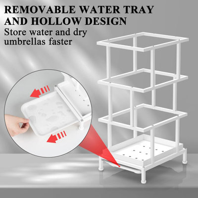 Metal Umbrella Stand With Water Tray And Cane Holder, Adjustable Feet,White