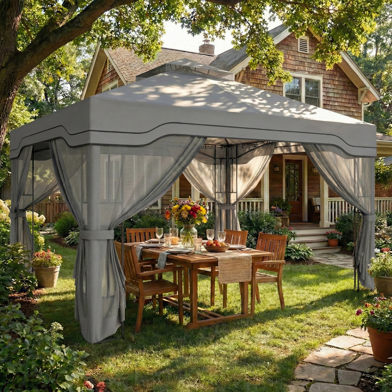 Outsunny 3 x 3.6 m Outdoor Garden Gazebo UPF50+ w/Post Shelves, Dark Grey