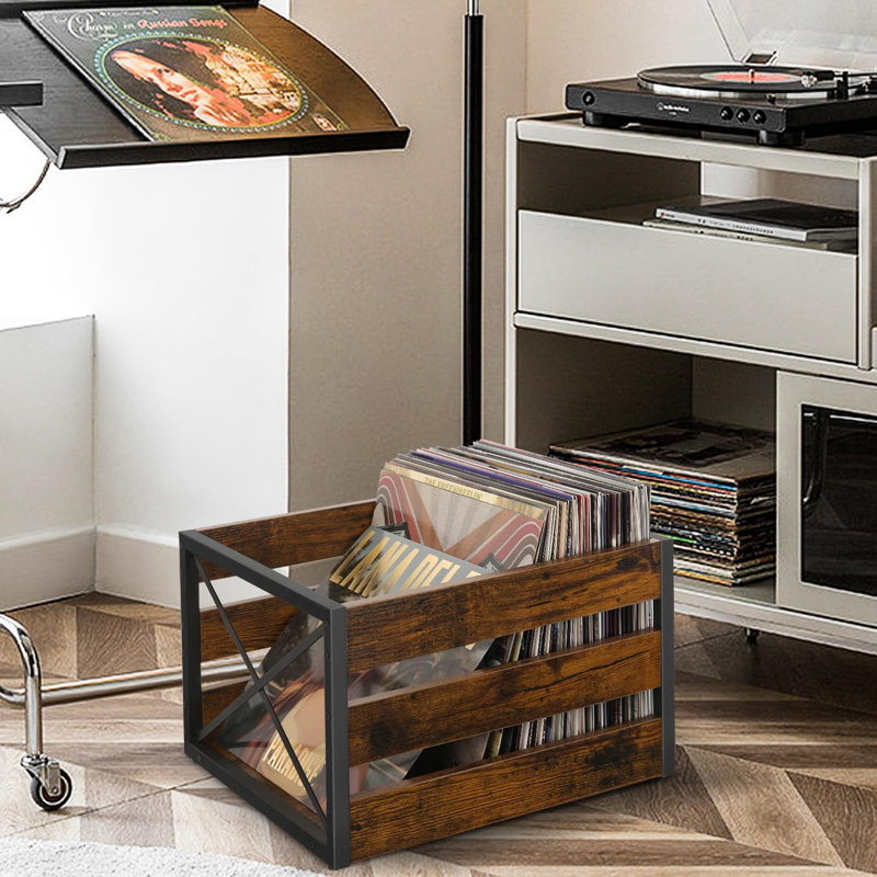Caisse de rangement pour disques vinyles de grande capacité avec design rétro, fabrication robuste en métal et en bois, pouvant contenir plus de 80 disques, organisateur polyvalent pour les albums, les livres et plus encore