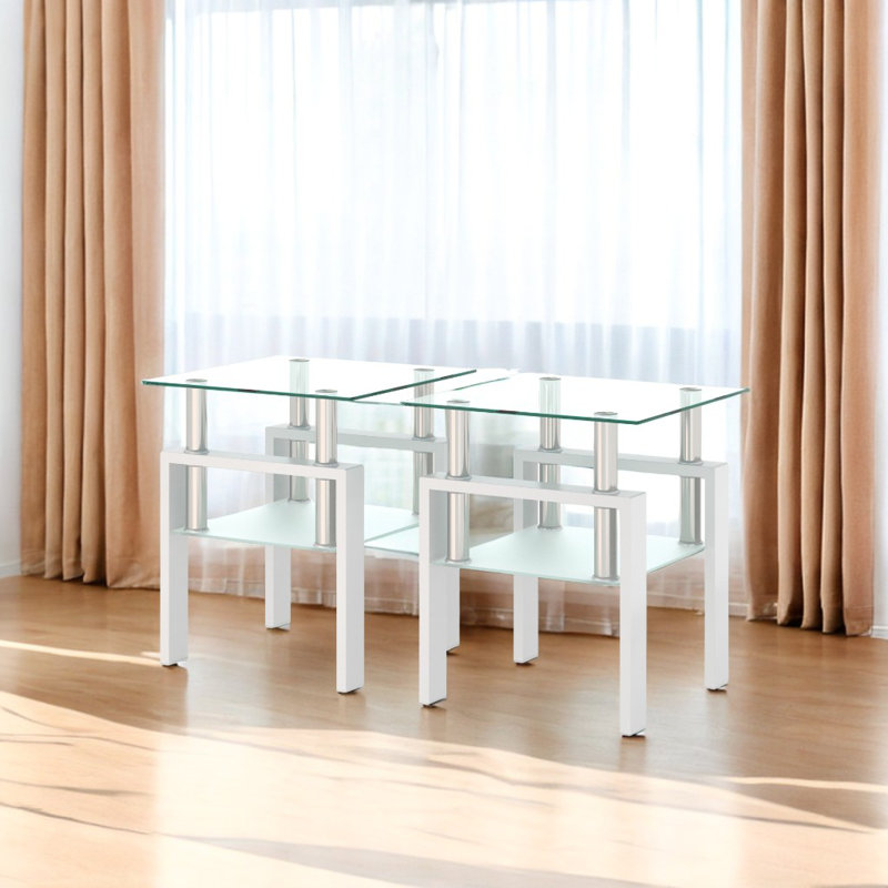 Tempered Glass Tea Table With Metal Legs, White/Clear, 2