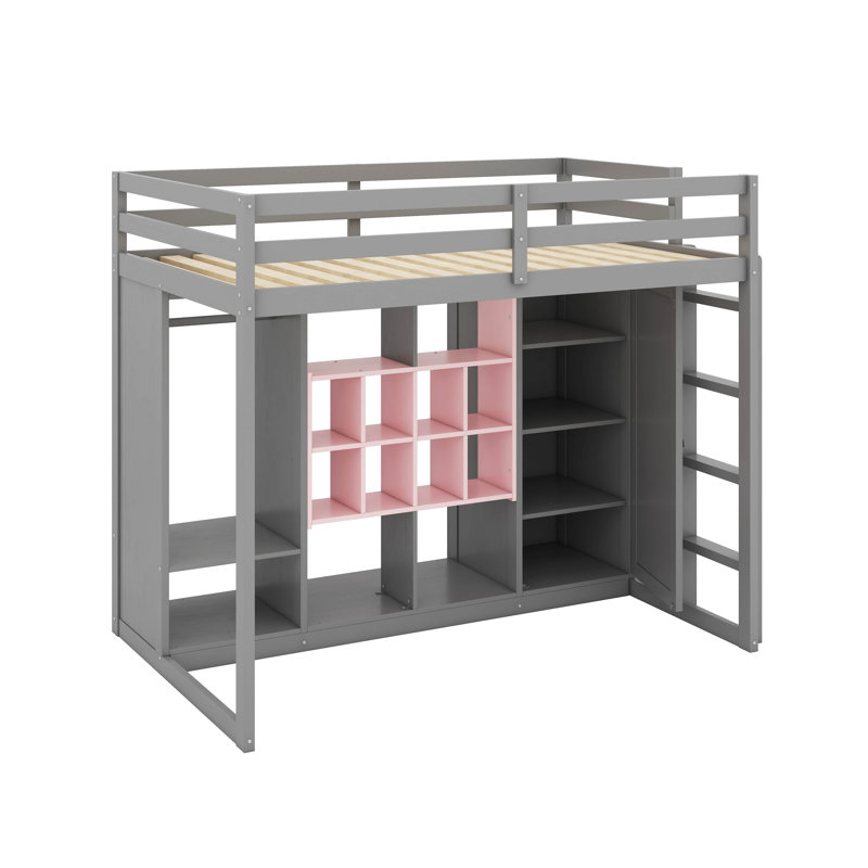 Twin Size  Loft Bed With Shelves,Cabinet And Wardrobe, Gray/Pink