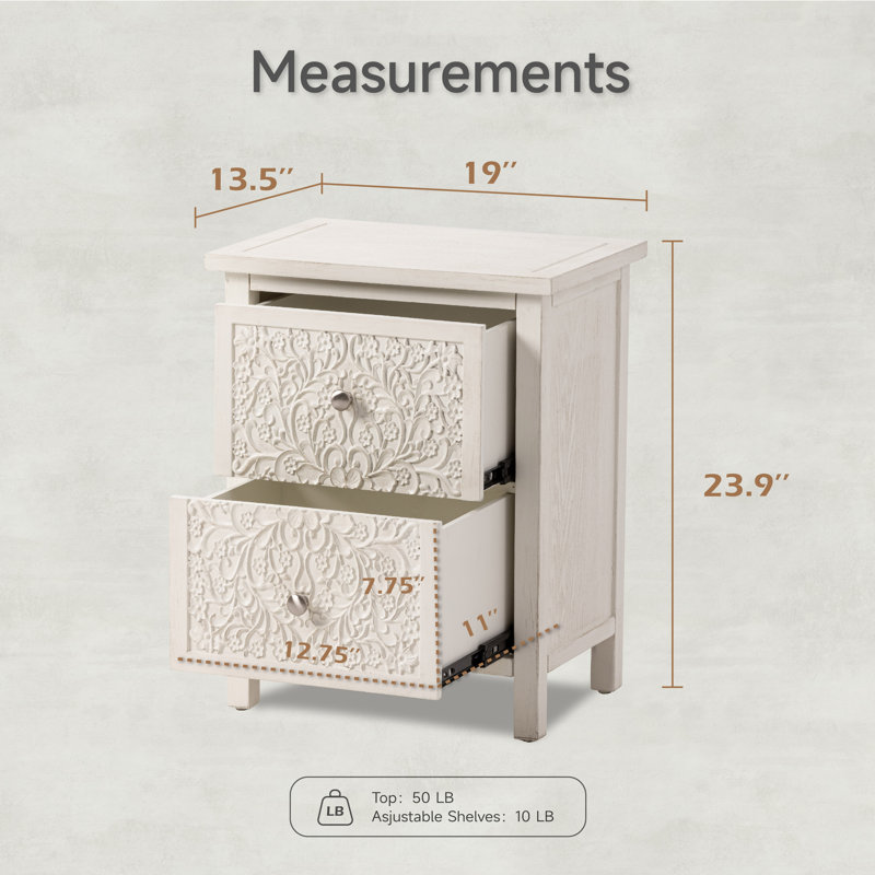 Levera Farmhouse Fully-Assembled 2-Drawer Nightstand, Distressed White-Washed End Table