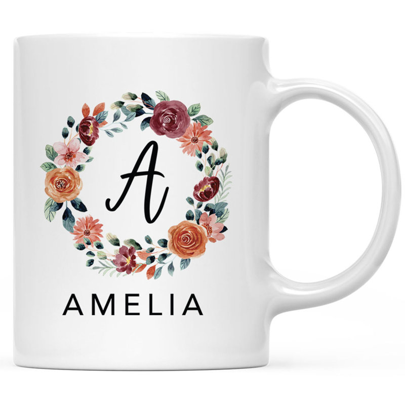 Custom Monogram Initial Coffee Mug Gifyt Letters A-Z, Floral Wreath Custom 11Oz Ceramic Coffee Mug,  1-Pk, Yes