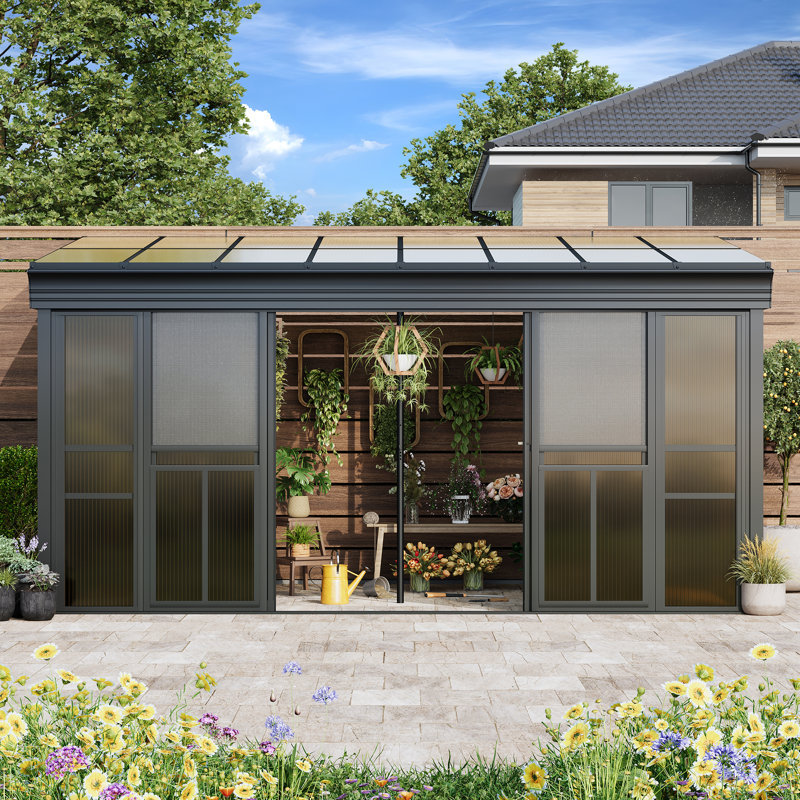 10' X 16' Sunroom Gazebo, Polycarbonate Roof Outdoor Solarium With Sliding Door & Adjustable Window Panels, Enclosed Patio Sunroom With Mesh Screens