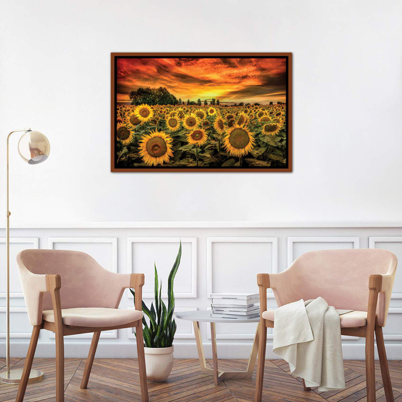 «Tuscany Sunflowers Field» - reproduction, H 26 po x l 40 po x 1,5 po, Toile avec cadre en bois classique