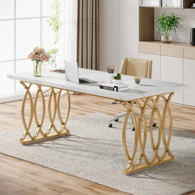 Executive Desk, 63" W Large Computer Desk, Gold, White Marble
