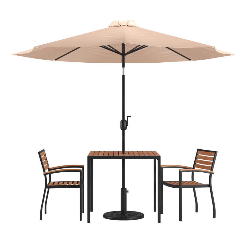 Abdul-Hadi 35" Square Faux Teak Patio Table, 2 Chairs and 9FT Patio Umbrella with Base, Tan Umbrella