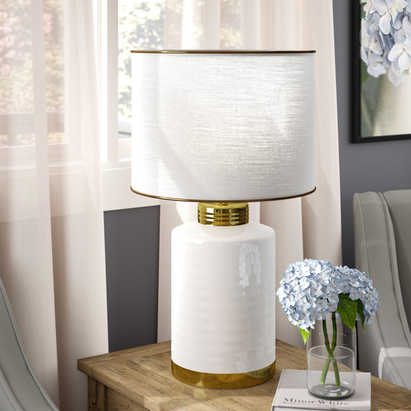 Gold Trim White Ceramic Cylindrical Nightstand Lamp