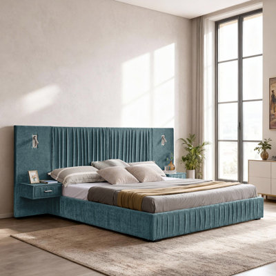 King Size Upholstered Platform Bed with Integrated Nightstands,Adjustable Reading Lights