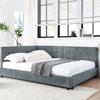 Full Size Velvet Bed Frame With Ergonomic Armrest And For Bedroom Living Area Mid-Century Upholstery, Lounge