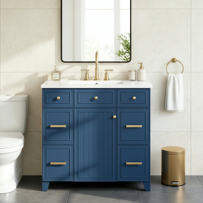 Meuble-lavabo de 91 cm (36 po) avec lavabo en céramique, structure en bois massif, portes à fermeture amortie, étagères réglables, 3 tiroirs dont un tiroir à double profondeur pour sèche-cheveux, bleu
