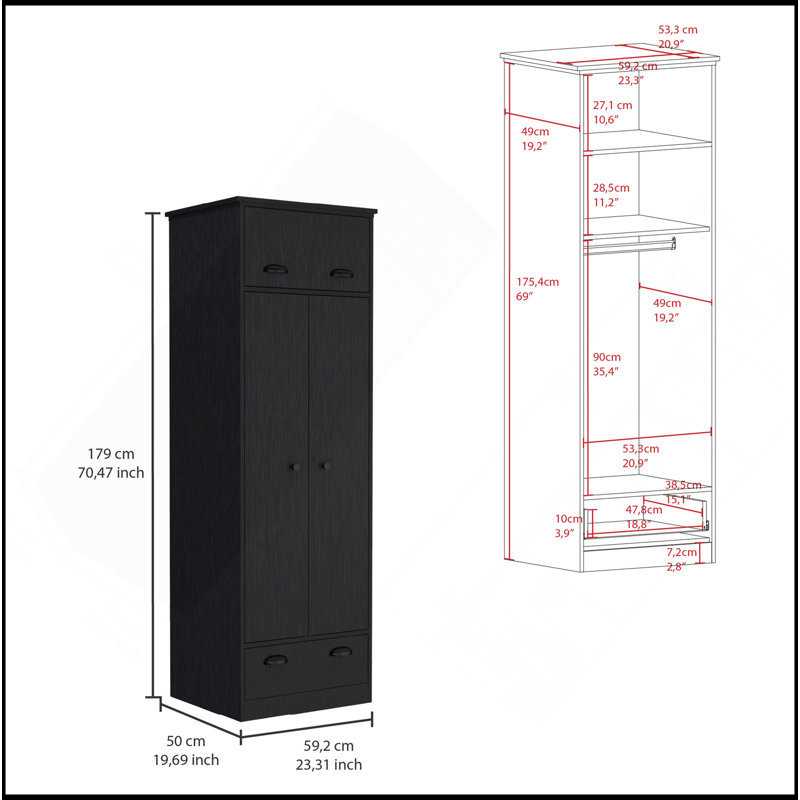 Armoire Falkland avec 1 tiroir et 1 tiroir à charnière avec poignées - noir, Noir