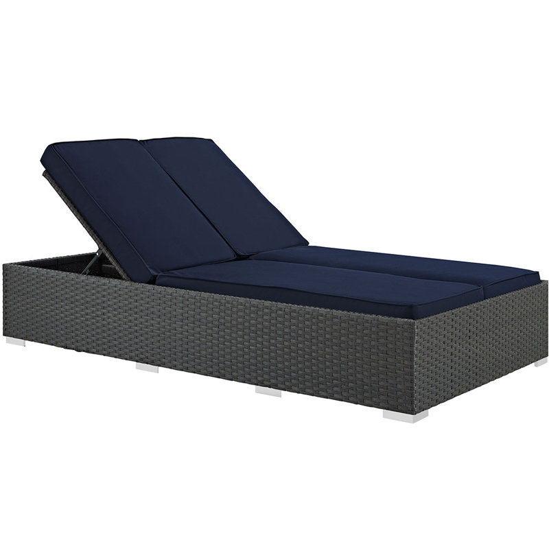 Modway Sojourn Wicker Rattan Outdoor Patio Double Chaise in Chocolate Navy, Antique Beige Sunbrella® Canvas
