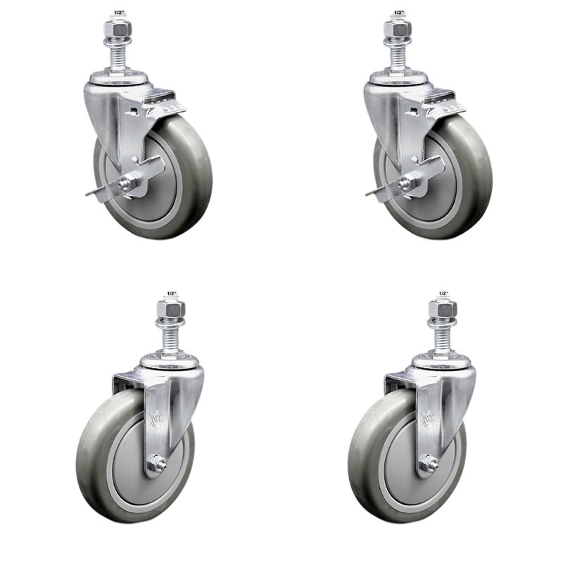 Ensemble de roulettes à tige filetée 5 pouces en polyuréthane gris pivotant ½ pouce 2 freins SCC