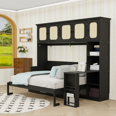 Full Wood Murphy Bed with Desk, Cabinets and Shelves