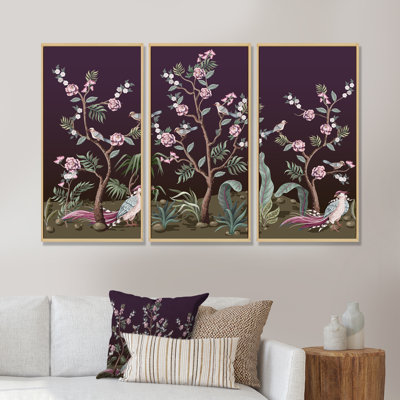 Chinoiserie avec oiseaux et pivoines I - 3 pièces, peinture sur toile