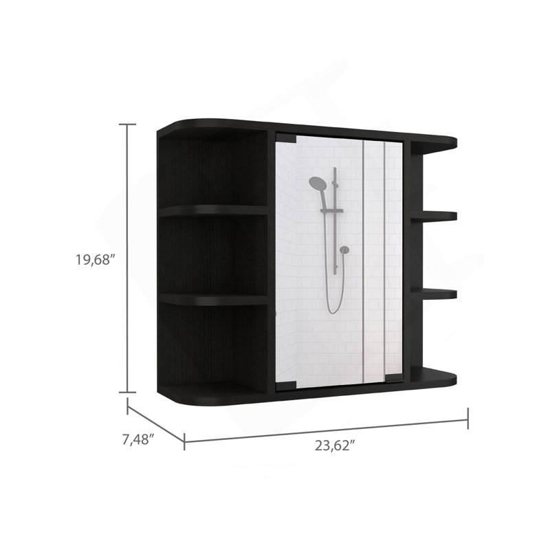 Milan Medicine Cabinet, Six External Shelves Mirror, Three Internal Shelves -Black, Black