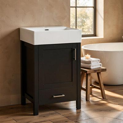 Lavabo de salle de bain moderne en céramique 20,28 po noir, cadre en bois massif et tiroir Idéal petites salles de bain, panneau de fibres à densité moyenne en bois massif