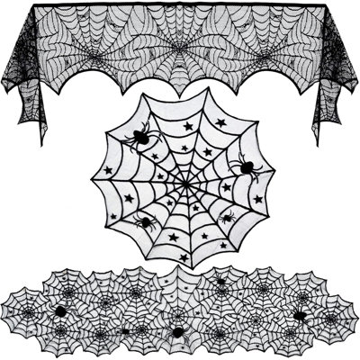 3Pack Halloween Decorations Set Halloween Tablecloth Black Lace Round Spider Cobweb Table Cover Fireplace Mantel Scarf Spiderweb Fireplace Scarf For Halloween Party