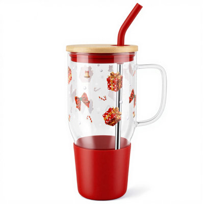 Gobelet en verre sur le thème de Noël avec poignée, couvercle en bambou, base en silicone et paille, grande tasse en verre glacé à imprimé cadeau festif, gobelet réutilisable pour Smoothie, fête des Fêtes et cadeau de Noël