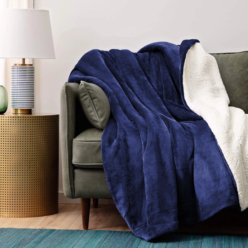 Super Soft Sherpa Fleece Fur Thick Dual Sided Flannel Reversible Blanket Throw, Navy, Double 150cm x 200cm
