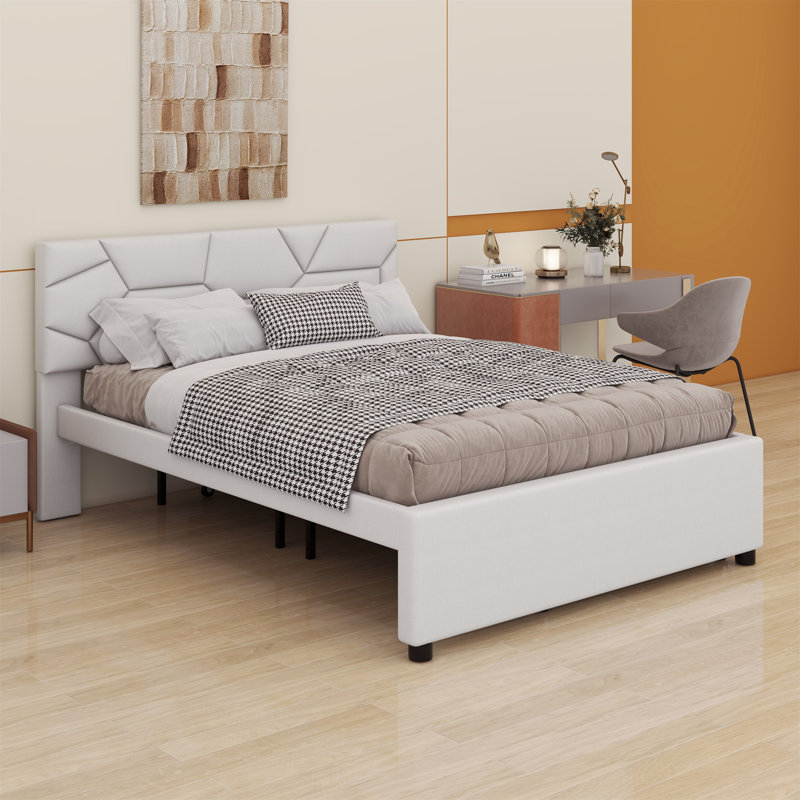 Lit plateforme tapissier avec lit gigogne, Beige, Double, No Storage Included