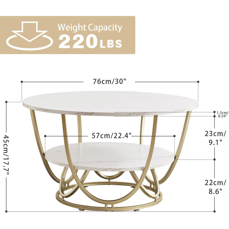 30 Inch White Marble Print Coffee Table with Gold Frame and Storage