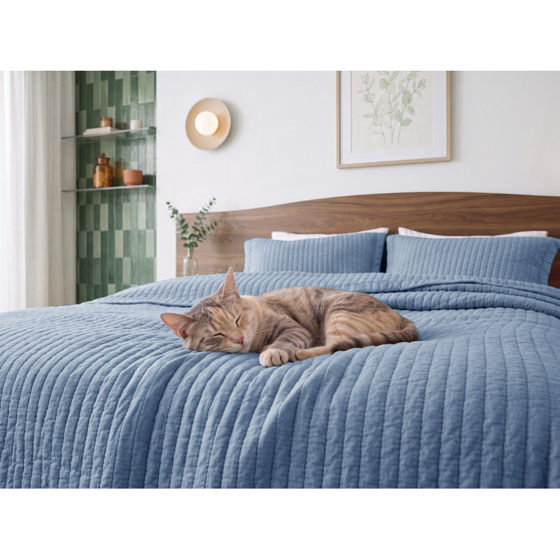 Bedspread Coverlet Lightweight Soft Quilt Bedding Set, Twin Quilt + 1 Standard Pillow Sham, Blue Corduroy