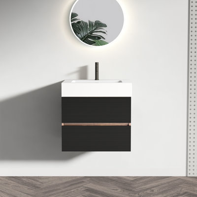 Meuble-lavabo mural 24 po Mid-Century, lavabo en quartz d'ingénierie, tiroirs noirs doux, qualité E1, fermeture silencieuse, capacité de soutien de 330 lb flottante, double style, bois, poignée dissimulée
