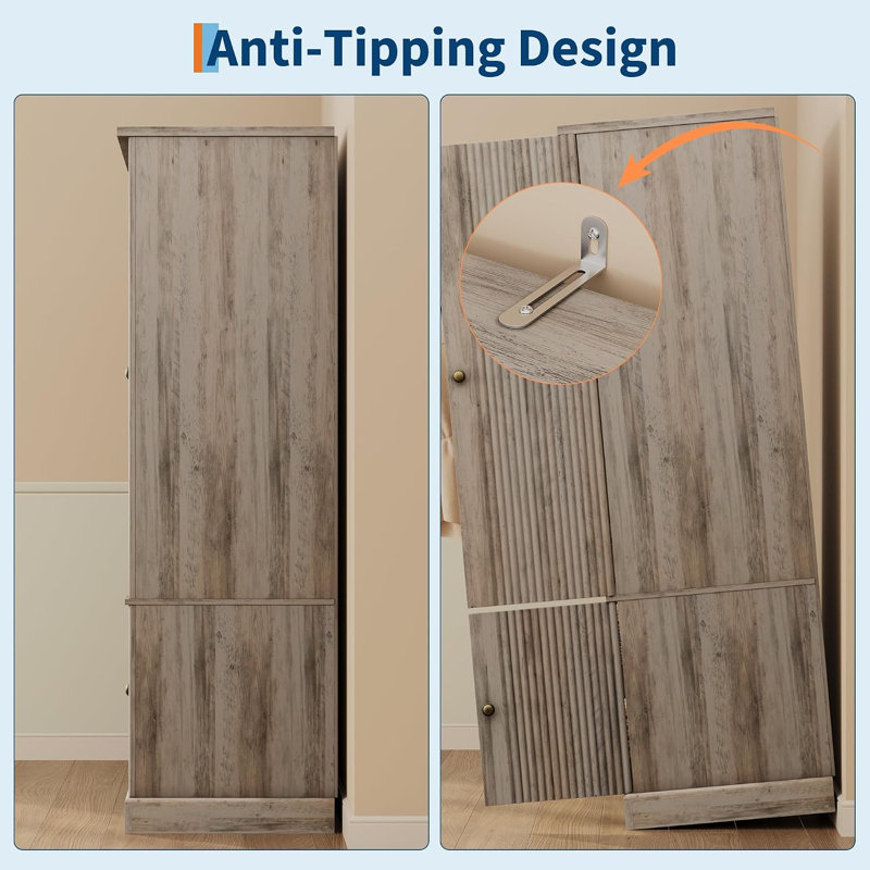 Armoire en bois de 182 cm de haut avec 4 portes et 53 cm de profondeur, tringle et étagères réglables, charnières à fermeture douce, trousse anti-basculement – ​​pour chambre à coucher