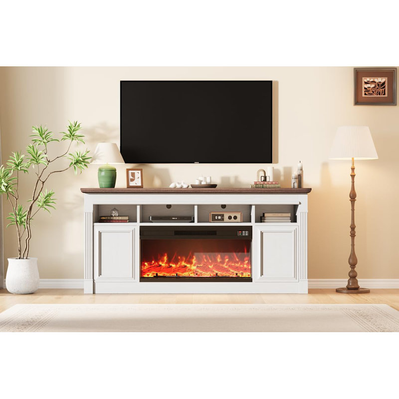 68" Fireplace TV Stand with 36" Electric Fireplace, Farmhouse Media Console, White Brown