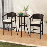 3 Pcs Patio Rattan Bar Set Wicker Armchairs & Round Table With Tempered Glass Top
