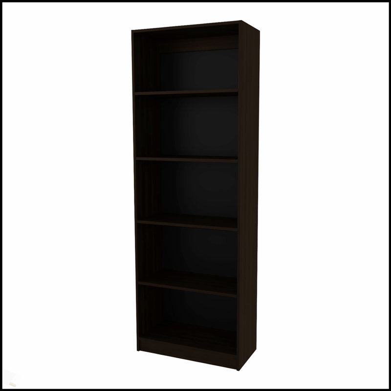 Bibliothèque en noyer teinté avec rangement ouvert et 5 tablettes, parfaite pour organiser et exposer des livres et des décorations.