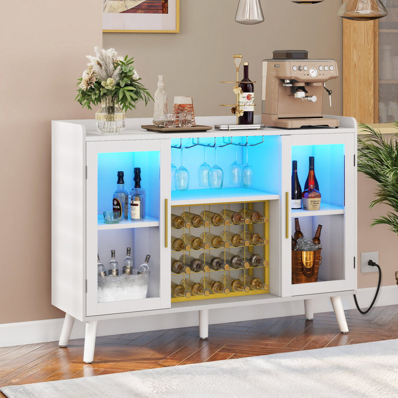 Brevan Wood Bar Cabinet with LED Lights and Power Outlets, White