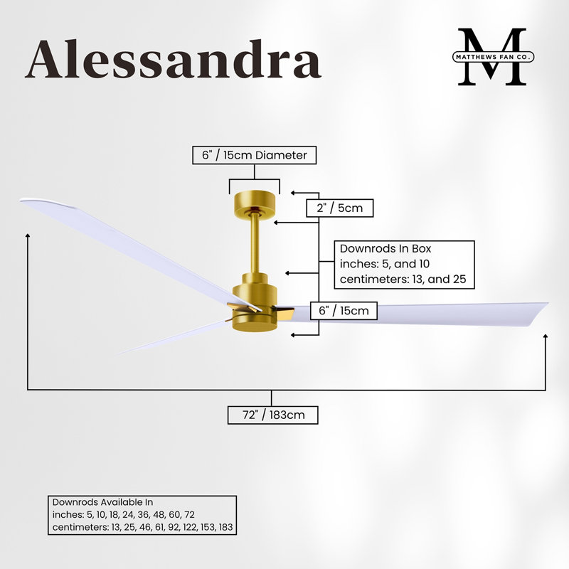 Alessandra Outdoor Downrod Ceiling Fan, Matte White, Brushed Brass