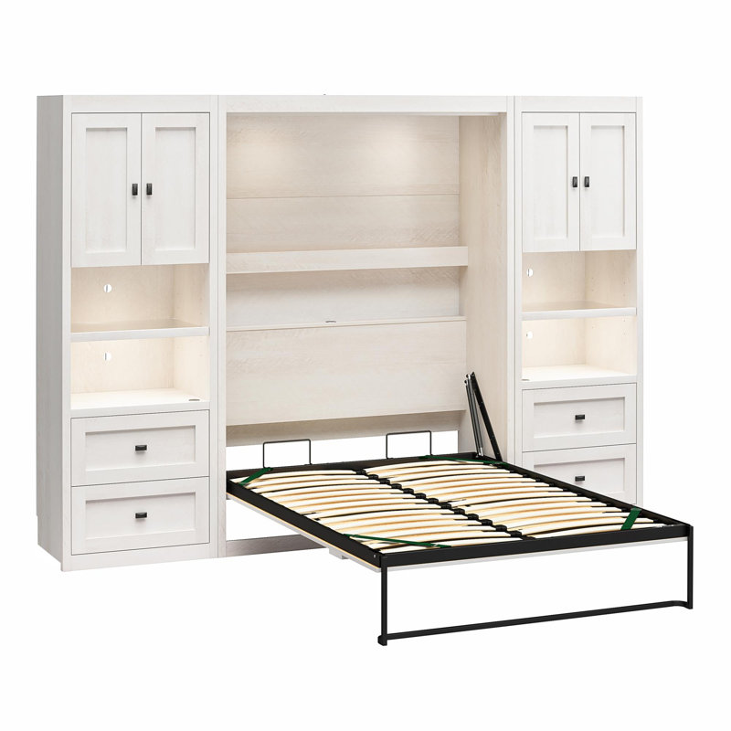 Elwina Full Murphy Wall Bed Bundle With 2 Side Cabinets, Ivory Oak