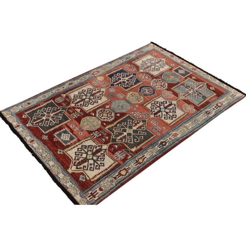 Caucasian Rug In Red, Blue And White Geometric Pattern, Rectangle 6' x 9'