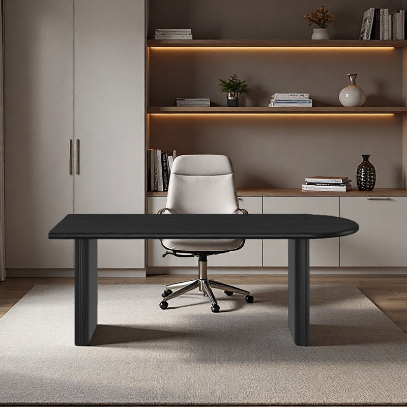 Bureau noir, bureau semi-circulaire et table d'étude, H 29,53 po x l 62,99 po x P 31,5 po