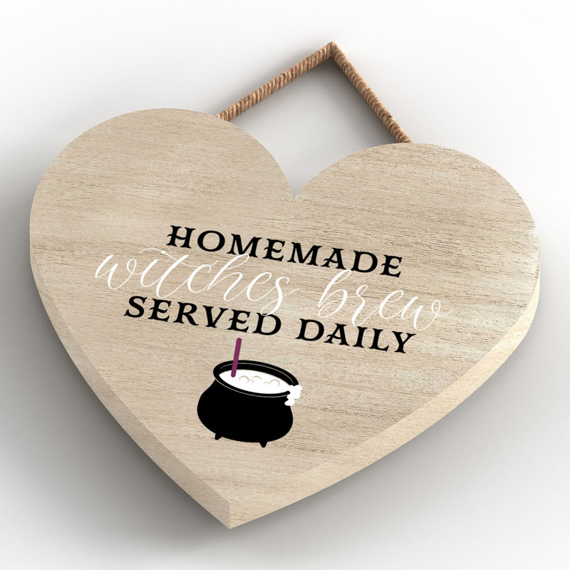 Homemade Witches Brew Wooden Heart Plaque, 10cm H x 9cm W x 0.5cm D