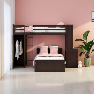 Lit mezzanine simple avec lit autonome, tablettes, bureau et garde-robe