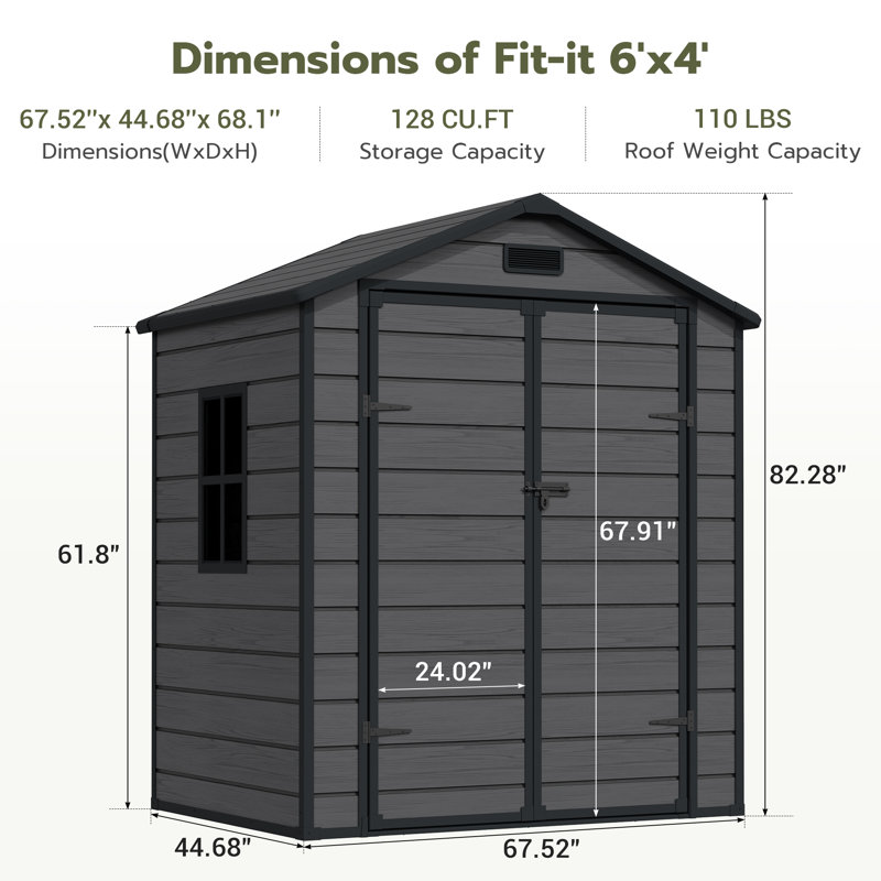 6 ft. W x 4 ft. D Outdoor Resin Storage Shed, Waterproof Patio Storage Shed with Window, Lockable Door and Floor, Plastic Large Tool Shed for Garden, Poolside, Lawn, Bike